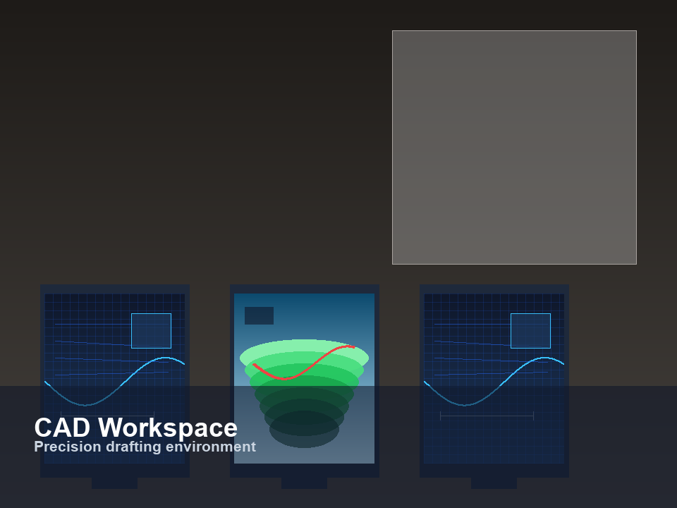 CAD engineering workspace with monitors and drafting stations